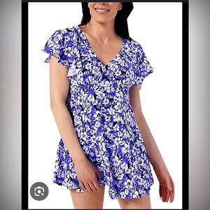 Fit4U Skirted Swimsuit Flutter Sleeves Tummy Control Purple Floral Plus Size 20W